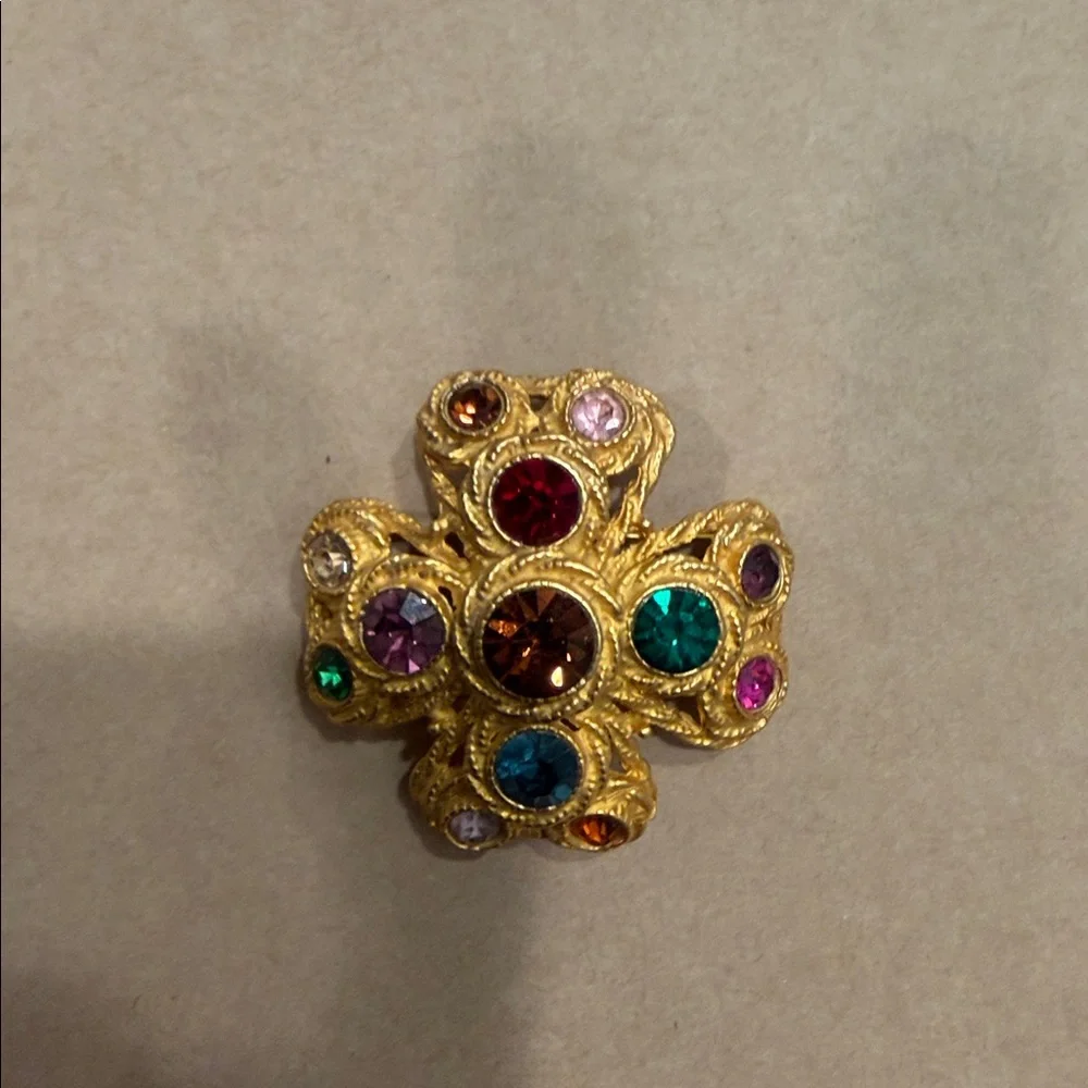 Vtg Goldtone Multicolor Gemstone Maltese Cross Brooch - Picture 5 of 10